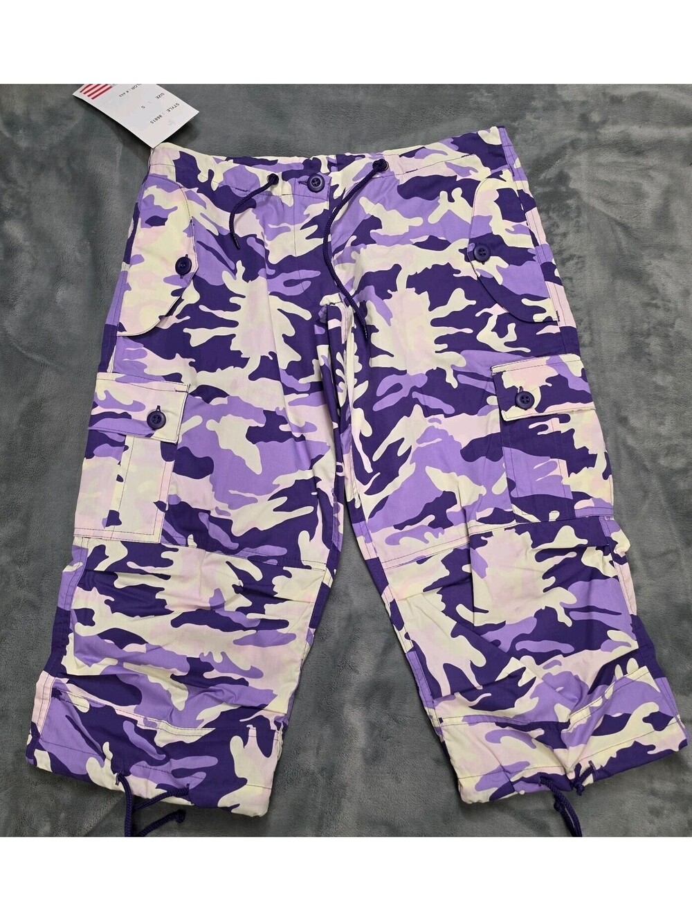 UFO Girly Fit Camo Cargo Capri Pants S Purple Drawstring Pockets NWT